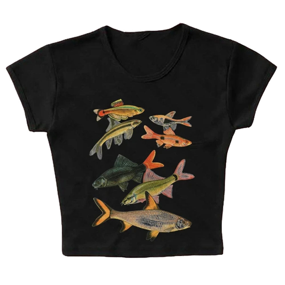 Y2K Fish Print Aesthetic Baby Tee - Cute Top for Coquette and Grunge Styles