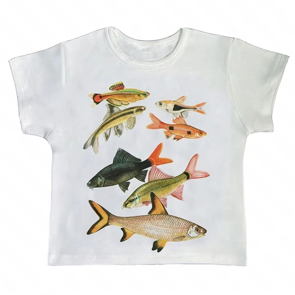 Y2K Fish Print Aesthetic Baby Tee - Cute Top for Coquette and Grunge Styles