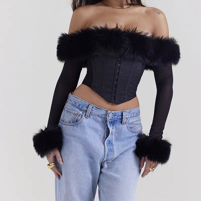 Y2K Fuzzy Off Shoulder Top - Cozy Aesthetic Crop for Y2K Fashion Lovers