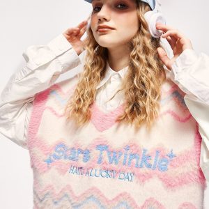 Y2K Fuzzy Star Twinkle Knit Vest - Cute Coquette Aesthetic Layering Essential