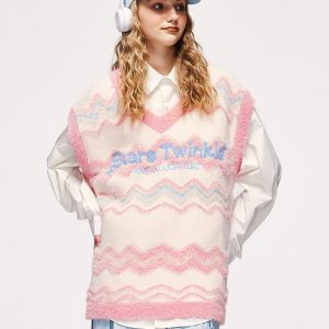 Y2K Fuzzy Star Twinkle Knit Vest - Cute Coquette Aesthetic Layering Essential