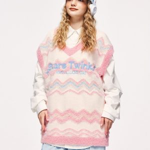 Y2K Fuzzy Star Twinkle Knit Vest - Cute Coquette Aesthetic Layering Essential