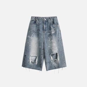 Y2K Graffiti Distressed Jorts for Trendy Grunge Aesthetic Outfits and Vintage Vibes