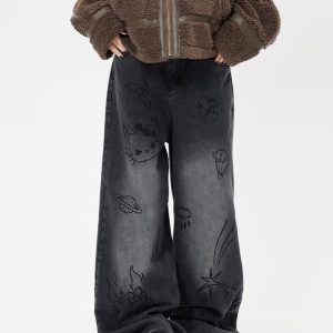 Y2K Grunge Aesthetic Cat Print Jeans for Trendy Vintage-Inspired Outfits