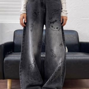 Y2K Grunge Aesthetic Cat Print Jeans for Trendy Vintage-Inspired Outfits