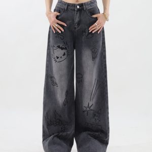 Y2K Grunge Aesthetic Cat Print Jeans for Trendy Vintage-Inspired Outfits