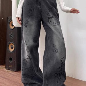 Y2K Grunge Aesthetic Cat Print Jeans for Trendy Vintage-Inspired Outfits