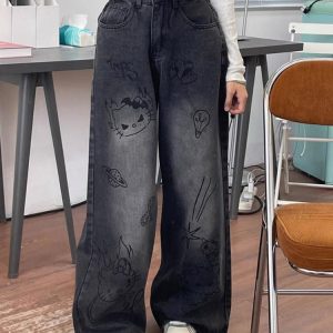 Y2K Grunge Aesthetic Cat Print Jeans for Trendy Vintage-Inspired Outfits