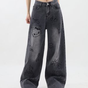 Y2K Grunge Aesthetic Cat Print Jeans for Trendy Vintage-Inspired Outfits