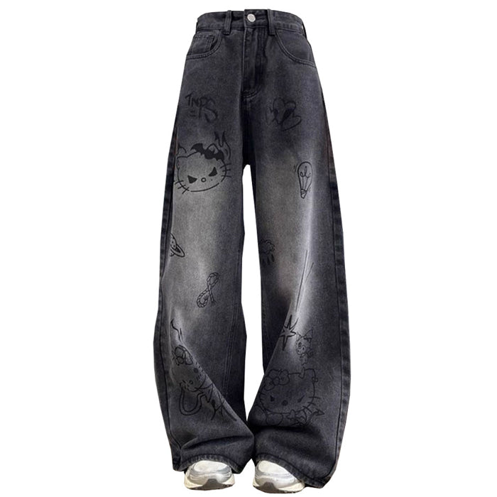 Y2K Grunge Aesthetic Cat Print Jeans for Trendy Vintage-Inspired Outfits