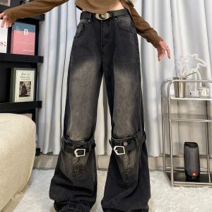 Y2K Grunge Aesthetic Knee Buckle Jeans for Edgy Style and Vintage Vibes