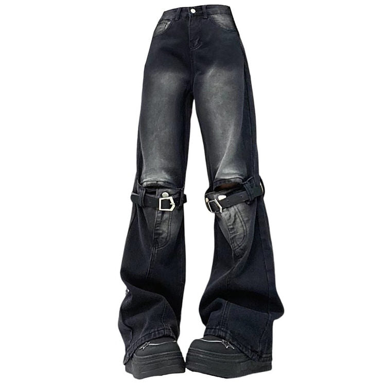 Y2K Grunge Aesthetic Knee Buckle Jeans for Edgy Style and Vintage Vibes