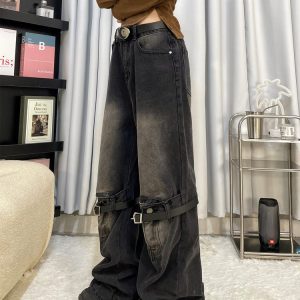 Y2K Grunge Aesthetic Knee Buckle Jeans for Edgy Style and Vintage Vibes