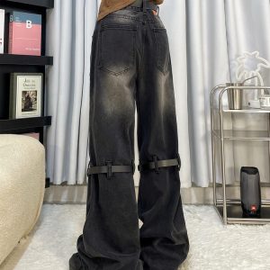 Y2K Grunge Aesthetic Knee Buckle Jeans for Edgy Style and Vintage Vibes