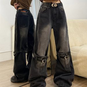 Y2K Grunge Aesthetic Knee Buckle Jeans for Edgy Style and Vintage Vibes