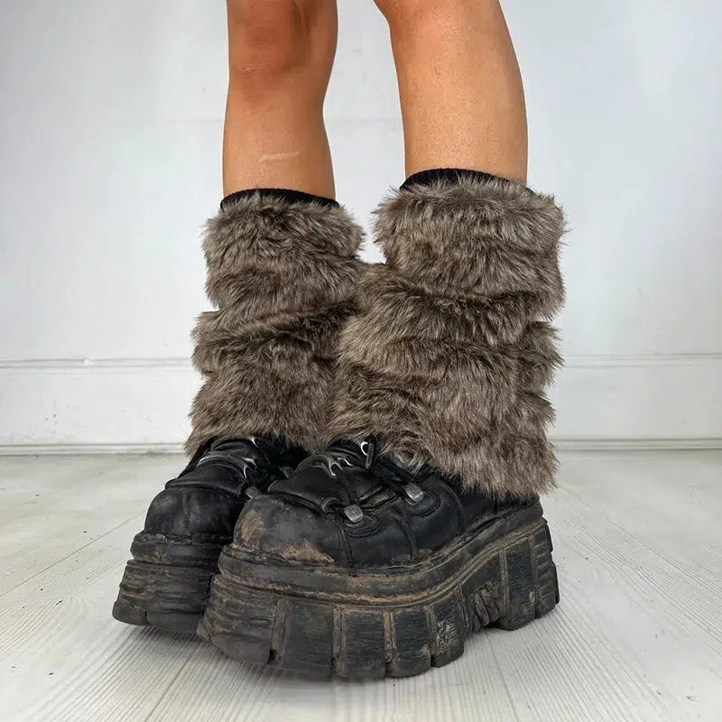 Y2K Grunge Faux Fur Leg Warmers for Cozy Aesthetic Outfits and Retro Vibes