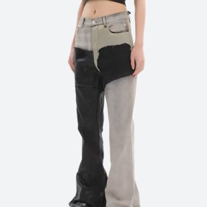 Y2K Grunge Patchwork Flare Pants for Retro Aesthetic Outfits and Vintage Style Looks