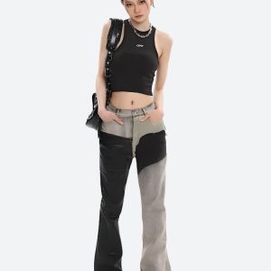 Y2K Grunge Patchwork Flare Pants for Retro Aesthetic Outfits and Vintage Style Looks