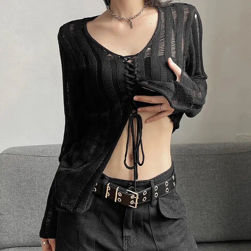 Y2K Grunge Sheer Lace-Up Knitted Top for Edgy Aesthetic Outfits and Vintage Vibes