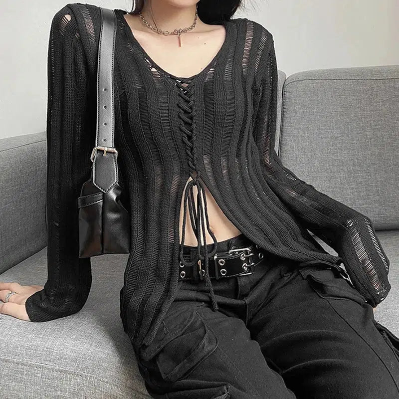 Y2K Grunge Sheer Lace-Up Knitted Top for Edgy Aesthetic Outfits and Vintage Vibes