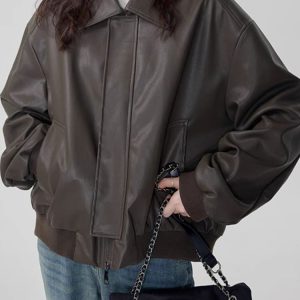 Y2K Grunge Sleaze Leather Bomber Jacket for Edgy Aesthetic Outfits and Vintage Style