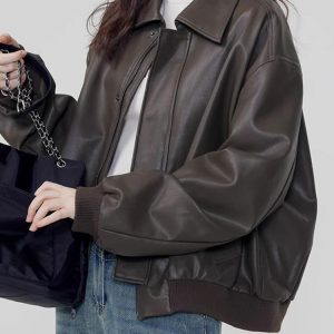 Y2K Grunge Sleaze Leather Bomber Jacket for Edgy Aesthetic Outfits and Vintage Style