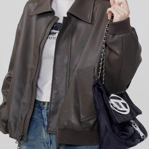 Y2K Grunge Sleaze Leather Bomber Jacket for Edgy Aesthetic Outfits and Vintage Style