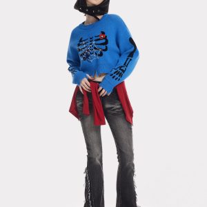 Y2K Grunge Spider Skeleton Crop Sweater - Cute Aesthetic Top for Edgy Outfits