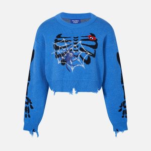 Y2K Grunge Spider Skeleton Crop Sweater - Cute Aesthetic Top for Edgy Outfits