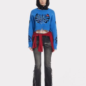 Y2K Grunge Spider Skeleton Crop Sweater - Cute Aesthetic Top for Edgy Outfits