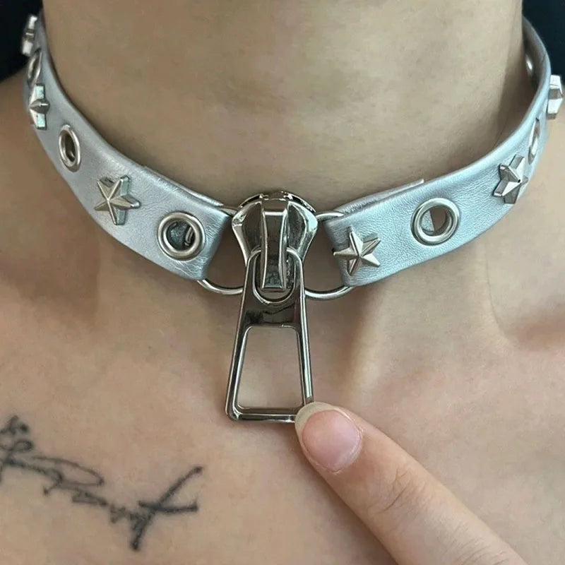 Y2K Grunge Zip Pendant Choker Necklace - Edgy Aesthetic Jewelry for Unique Outfits