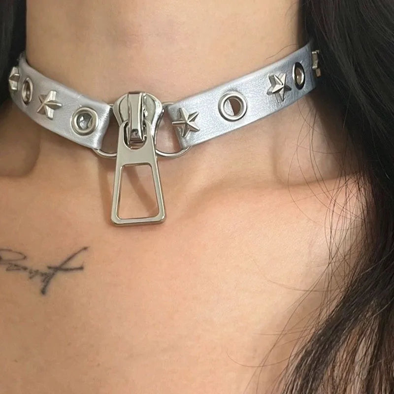 Y2K Grunge Zip Pendant Choker Necklace - Edgy Aesthetic Jewelry for Unique Outfits