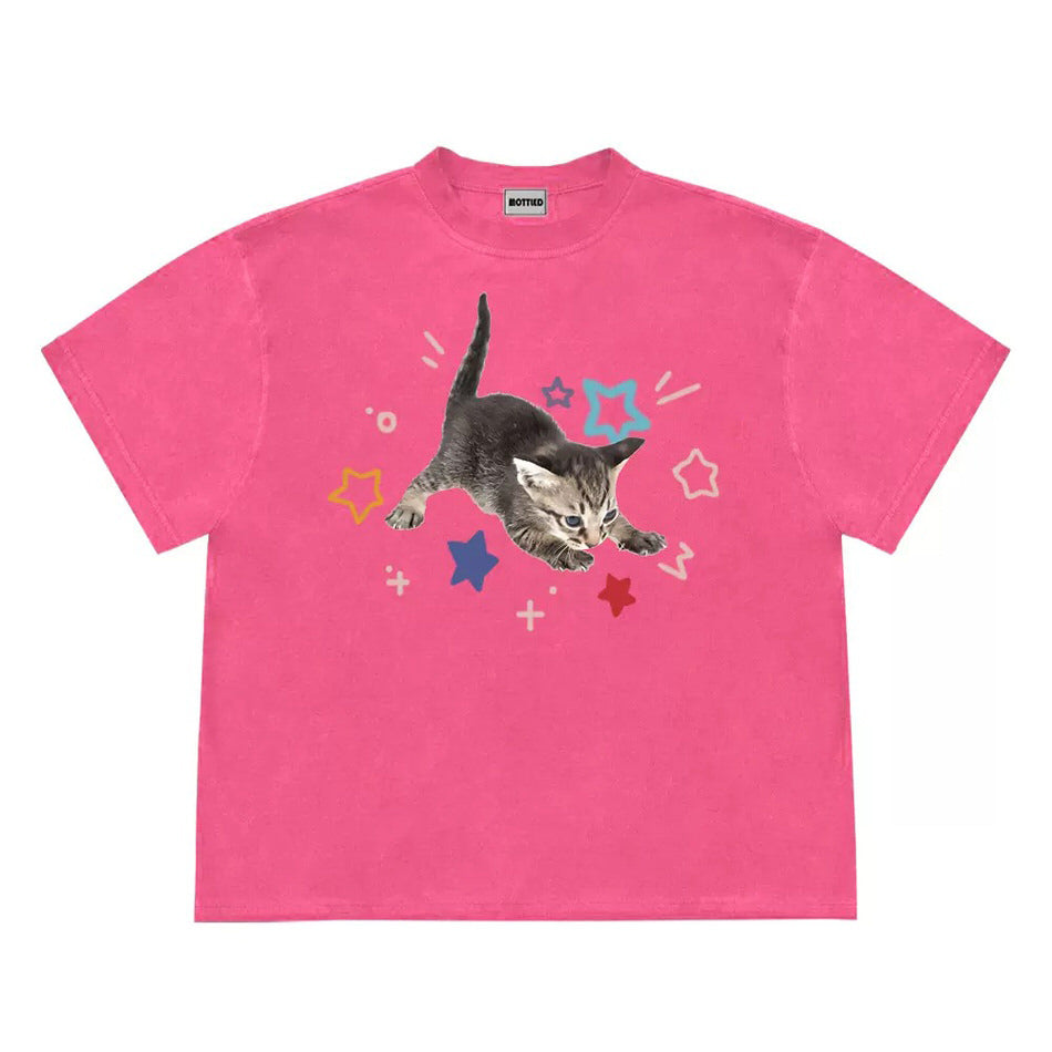 Y2K Kitten and Stars Graphic Tee - Cute Aesthetic Top for Coquette and Grunge Styles