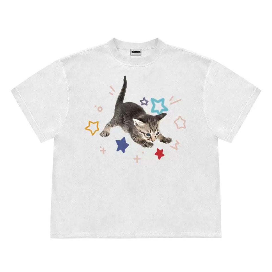 Y2K Kitten and Stars Graphic Tee - Cute Aesthetic Top for Coquette and Grunge Styles