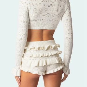 Y2K Knitted Crop Top & Ruffled Shorts Set - Cute Coquette Aesthetic Outfit