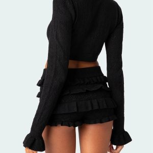 Y2K Knitted Crop Top & Ruffled Shorts Set - Cute Coquette Aesthetic Outfit