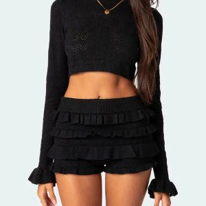 Y2K Knitted Crop Top & Ruffled Shorts Set - Cute Coquette Aesthetic Outfit