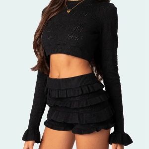 Y2K Knitted Crop Top & Ruffled Shorts Set - Cute Coquette Aesthetic Outfit