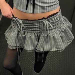 Y2K Lace Panel Striped Drawstring Skirt for a Chic Coquette Aesthetic Look