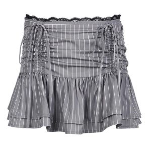 Y2K Lace Panel Striped Drawstring Skirt for a Chic Coquette Aesthetic Look