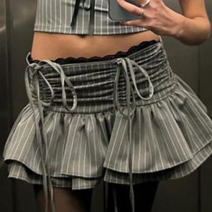 Y2K Lace Panel Striped Drawstring Skirt for a Chic Coquette Aesthetic Look