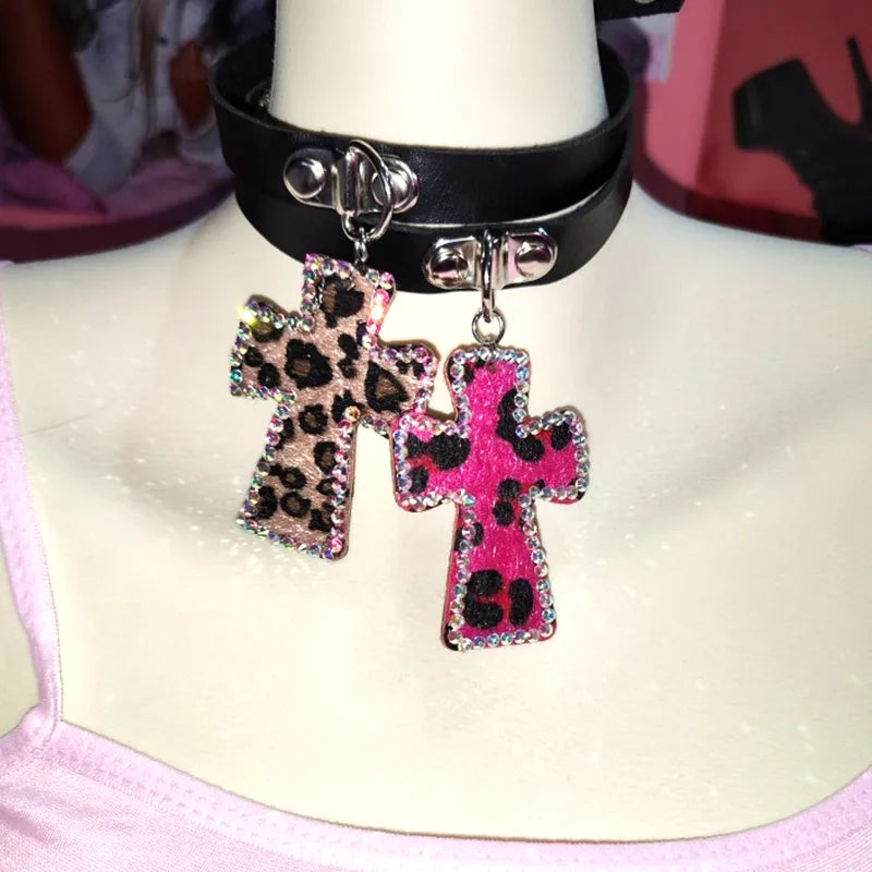 Y2K Leopard Cross Choker Necklace - Trendy Coquette Aesthetic Jewelry for Stylish Outfits