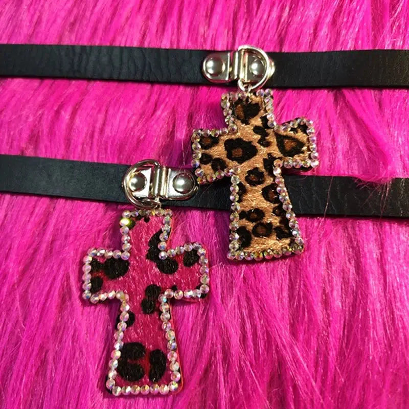 Y2K Leopard Cross Choker Necklace - Trendy Coquette Aesthetic Jewelry for Stylish Outfits