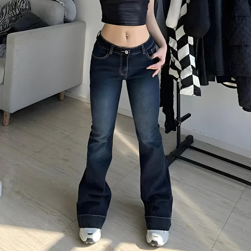 Y2K Low Rise Flare Denim Jeans for Trendy Grunge and Coquette Aesthetic Outfits