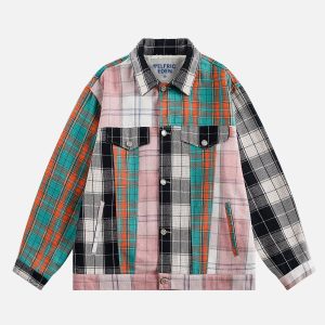 Y2K Multi-Color Plaid Jacket for Trendy Coquette and Grunge Aesthetic Outfits