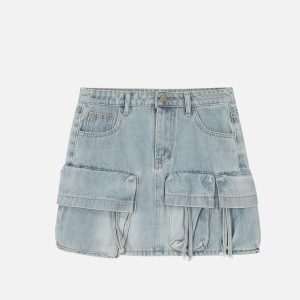 Y2K Multi Pocket Denim Skirt - Trendy Cargo Style for Aesthetic Outfits