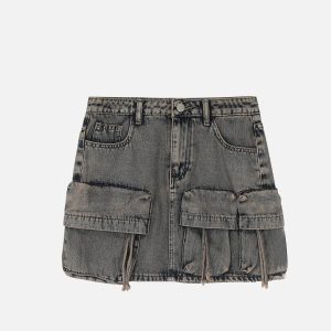 Y2K Multi Pocket Denim Skirt - Trendy Cargo Style for Aesthetic Outfits