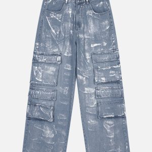 Y2K Multi Pocket Washed Jeans for Grunge Aesthetic and Coquette Style Outfits