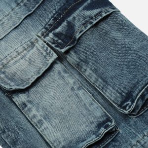 Y2K Multi Pocket Washed Jeans for Trendy Grunge Aesthetic Outfits and Casual Style