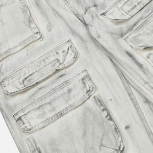 Y2K Multi Pocket Washed Jeans for Trendy Grunge Aesthetic Outfits and Casual Style